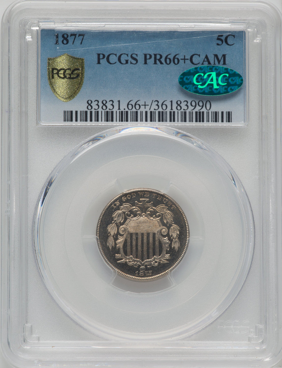 1877 5C CA CAC Proof Shield Nickel PCGS PR66+