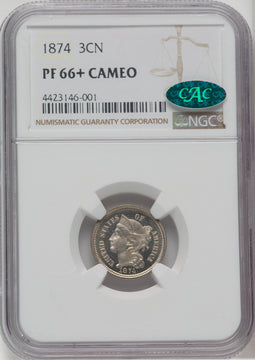 1874 3CN CA CAC Proof Three Cent Nickel NGC PR66+