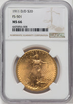 1911-D/D $20 RPM FS-501 Saint-Gaudens Double Eagle NGC MS66