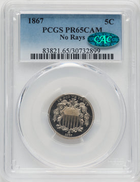 1867 5C No Rays CA CAC Proof Shield Nickel PCGS PR65