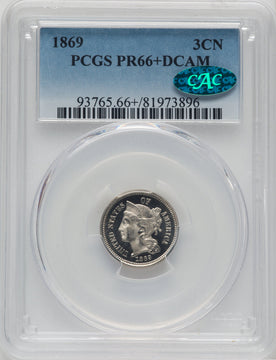1869 3CN CAC Proof Three Cent Nickel PCGS PR66+