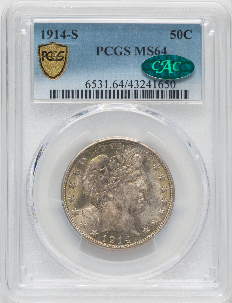 1914-S 50C CAC Barber Half Dollar PCGS MS64
