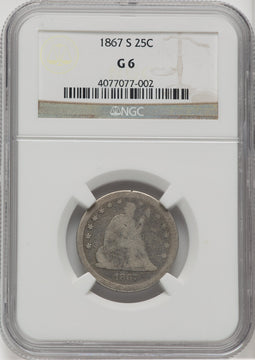 1867-S 25C Seated Quarter NGC G6