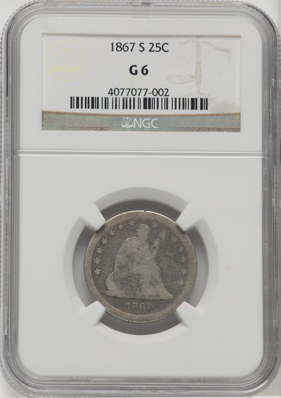 1867-S 25C Seated Quarter NGC G6