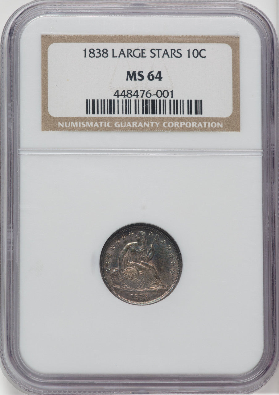 1838 10C No Drapery Large Stars Seated Dime NGC MS64