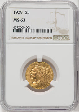 1929 $5 Indian Half Eagle NGC MS63