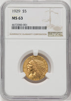 1929 $5 Indian Half Eagle NGC MS63