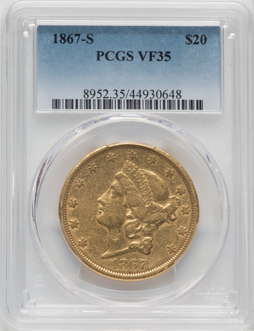 1867-S $20 Liberty Double Eagle PCGS VF35
