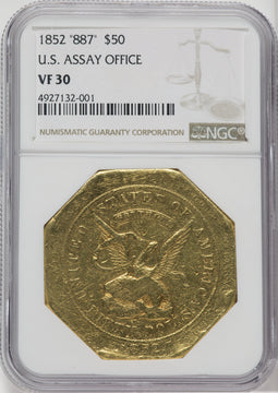 1852 Assay Office Fifty Dollar 887 Thous. Territorial Gold NGC VF30