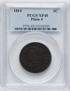 1814 1C Plain 4 BN Large Cent PCGS XF45