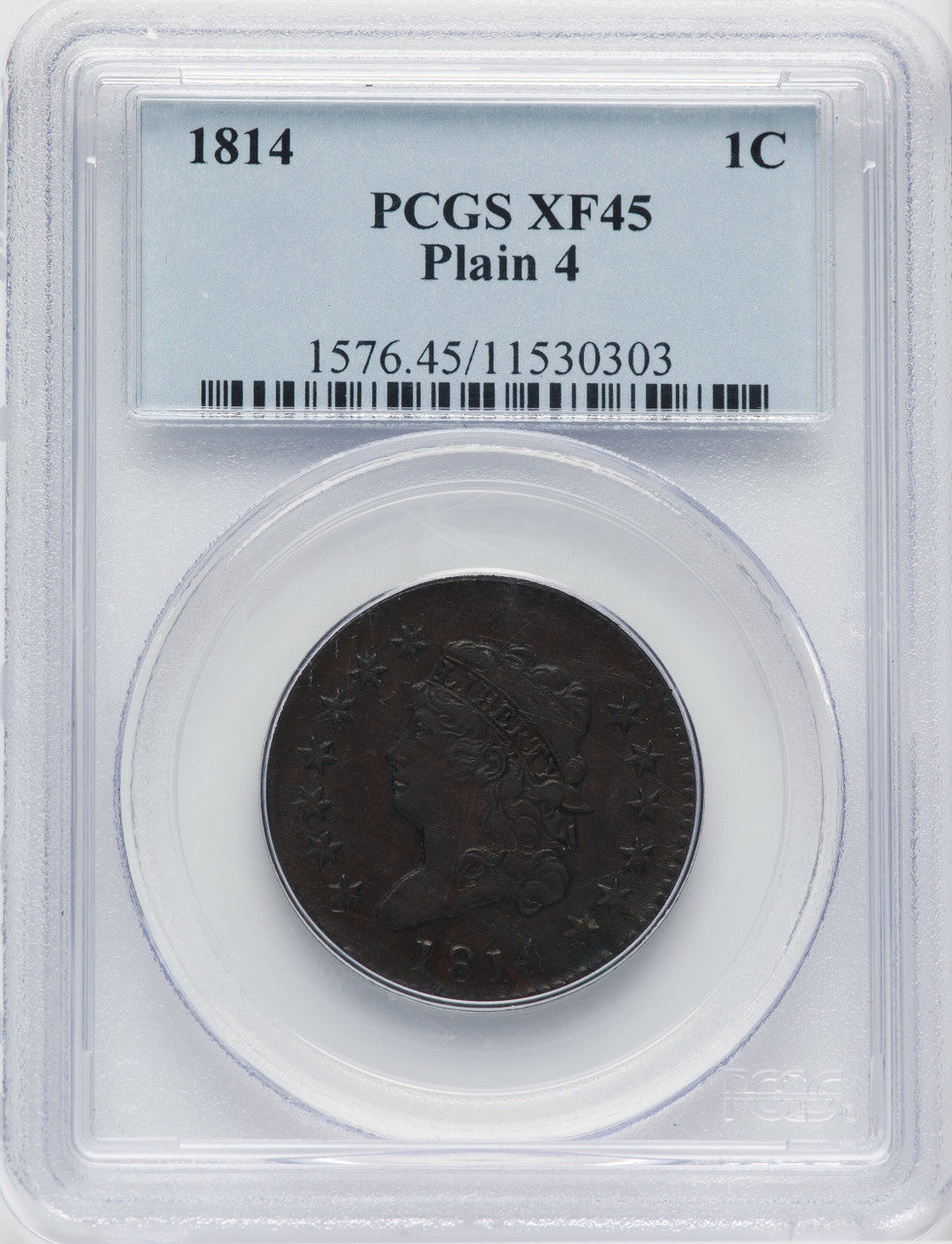1814 1C Plain 4 BN Large Cent PCGS XF45