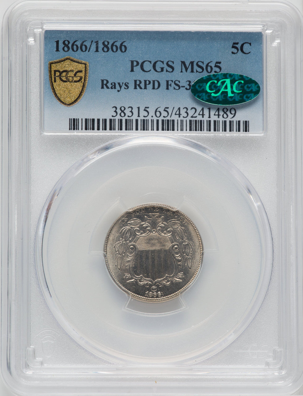 1866/1866 5C Rays Repunched Date FS-302 CAC Shield Nickel PCGS MS65
