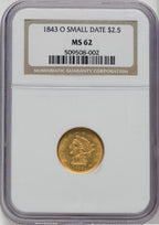 1843-O $2.50 Small Date Crosslet 4 Liberty Quarter Eagle NGC MS62