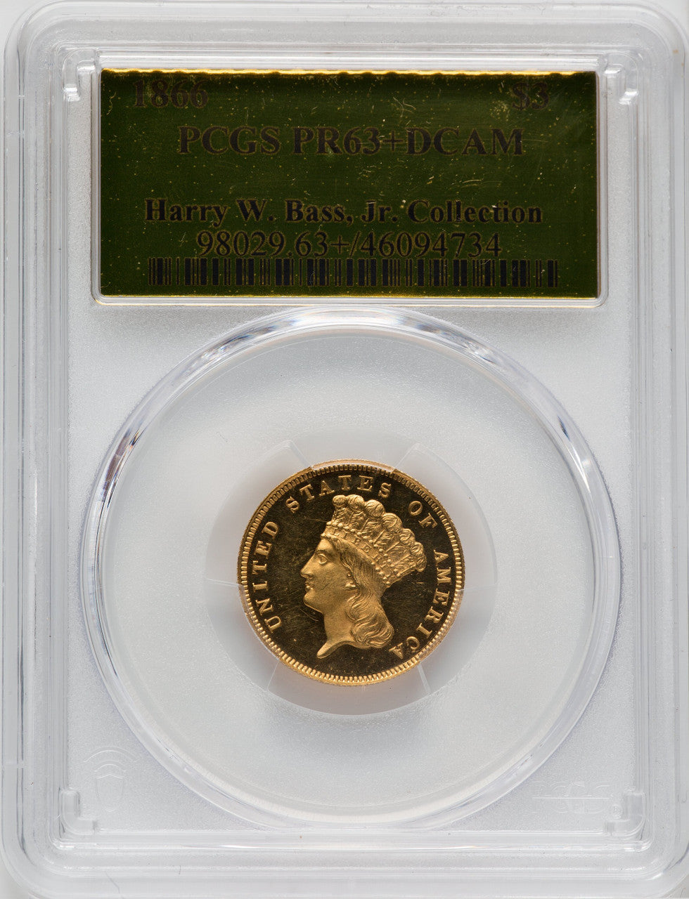 1866 $3 Proof Three Dollar Gold Pieces PCGS PR63+