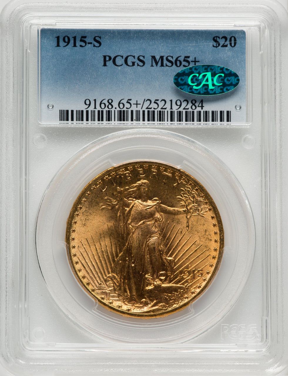 1915-S $20 CAC Saint-Gaudens Double Eagle PCGS MS65+