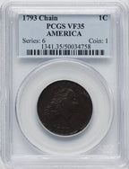 1793 CHAIN 1C AMERICA BN Large Cent PCGS VF35