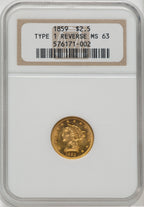 1859 $2.50 Old Rev. Liberty Quarter Eagle NGC MS63