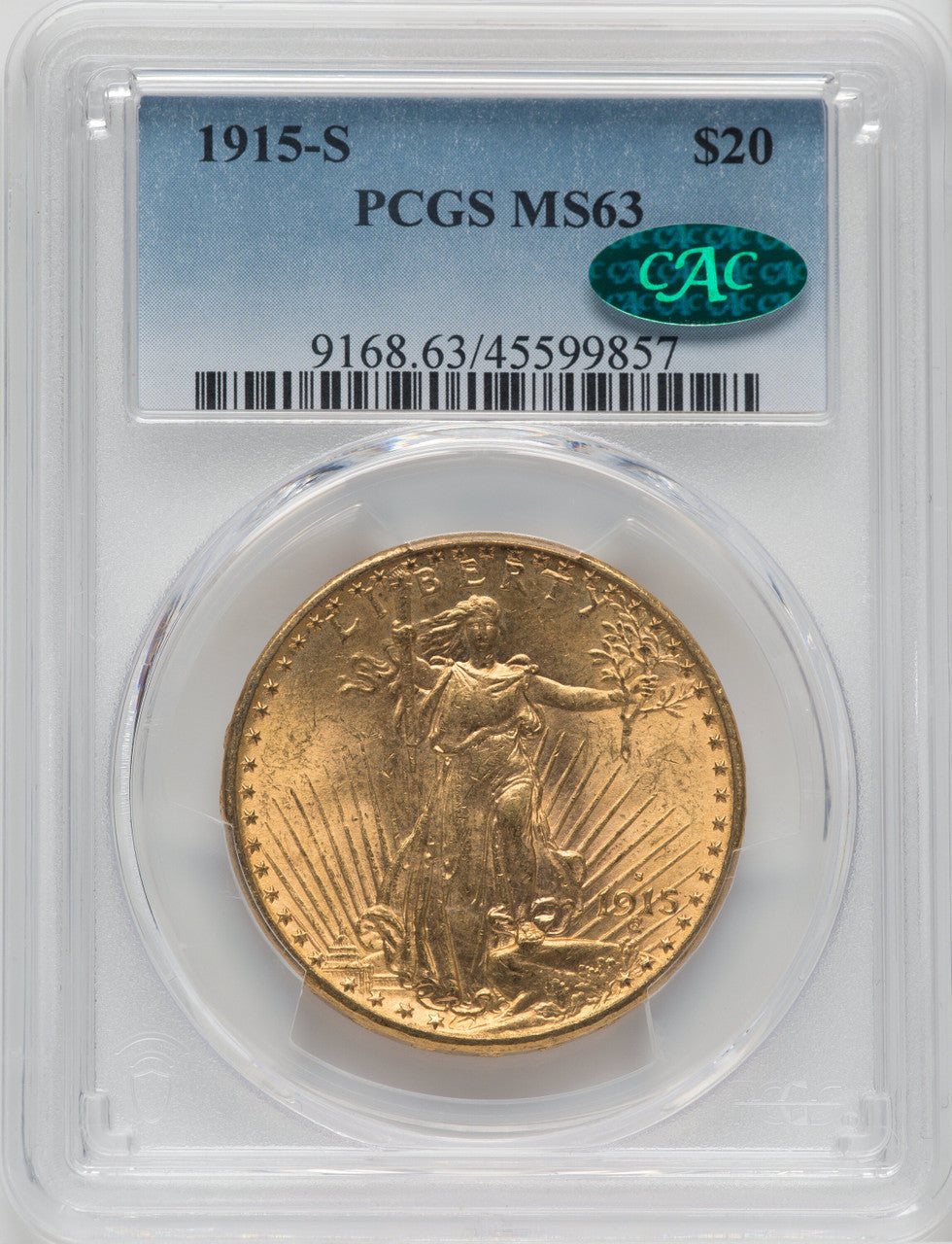 1915-S $20 CAC Saint-Gaudens Double Eagle PCGS MS63