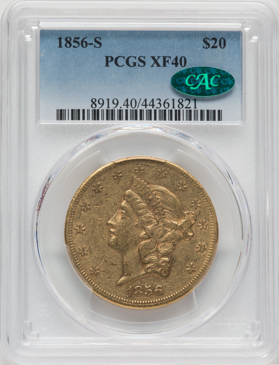 1856-S $20 CAC Liberty Double Eagle PCGS XF40