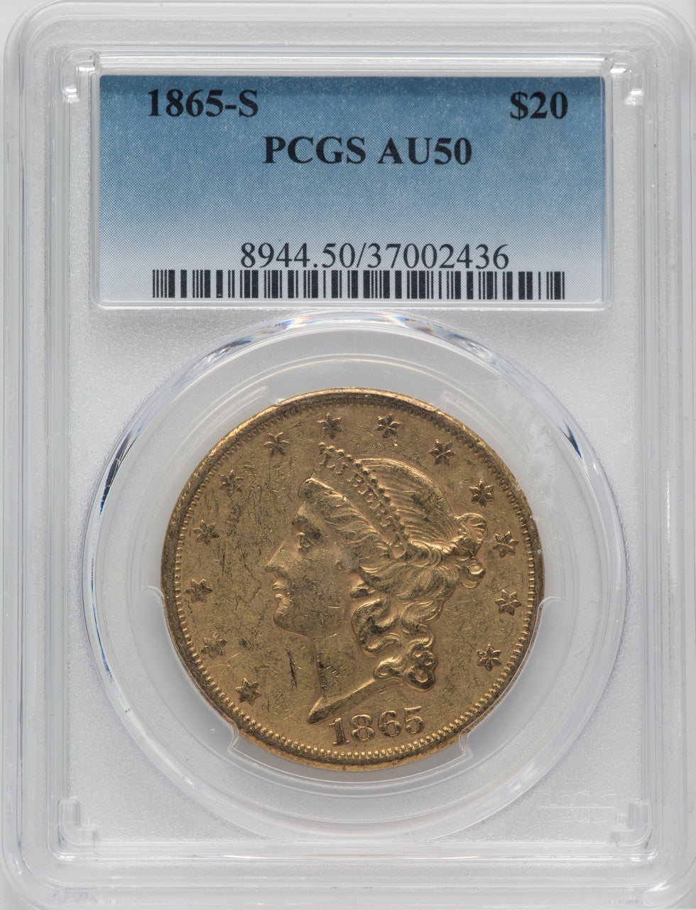 1865-S $20 Liberty Double Eagle PCGS AU50