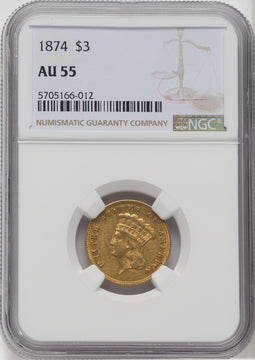 1874 $3 Three Dollar Gold Pieces NGC AU55