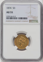 1874 $3 Three Dollar Gold Pieces NGC AU55
