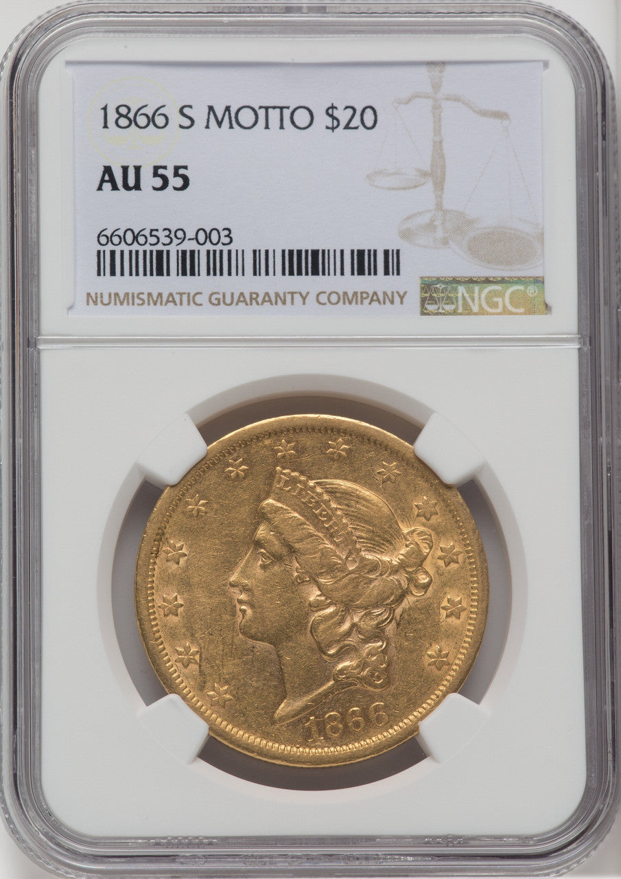 1866-S $20 MOTTO Liberty Double Eagle NGC AU55