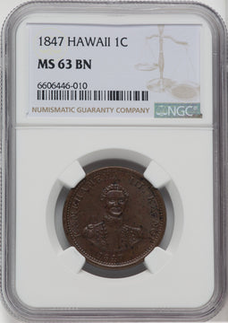 1847 Hawaii Cent BN Coins of Hawaii NGC MS63