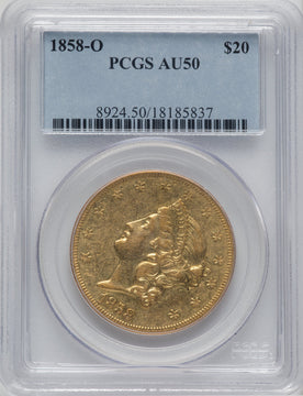 1858-O $20 Liberty Double Eagle PCGS AU50