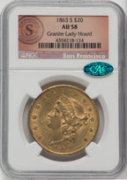1863-S $20 CAC Liberty Double Eagle NGC AU58