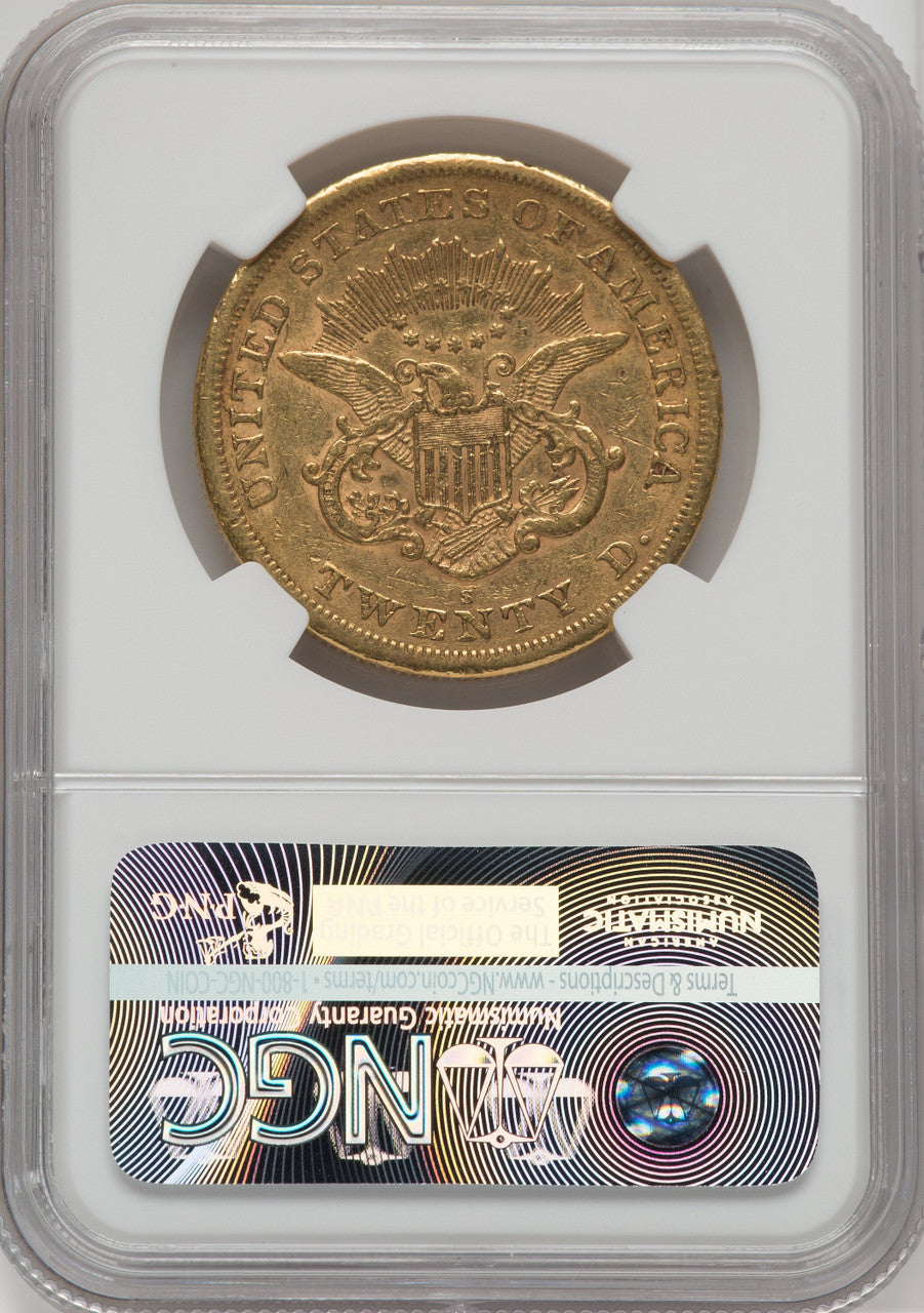 1866-S $20 NO MOTTO Liberty Double Eagle NGC AU50