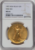 1907 $20 Wire Rim High Relief Double Eagle NGC MS64