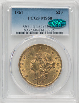 1861 $20 CAC Liberty Double Eagle PCGS MS60