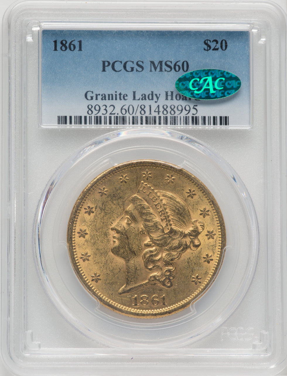 1861 $20 CAC Liberty Double Eagle PCGS MS60
