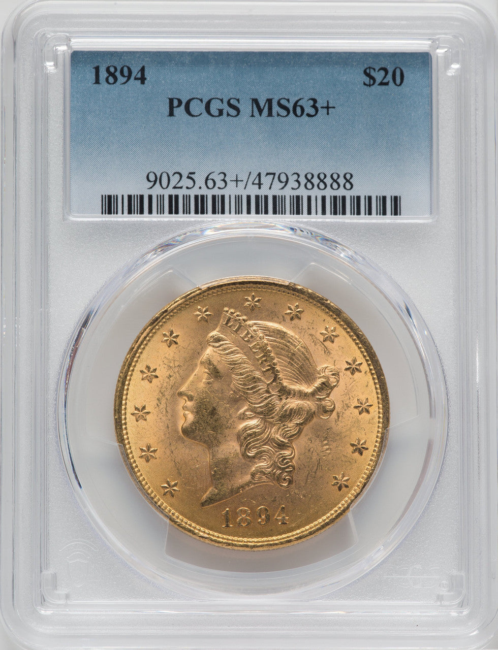 1894 $20 PCGS Plus Liberty Double Eagle PCGS MS63+