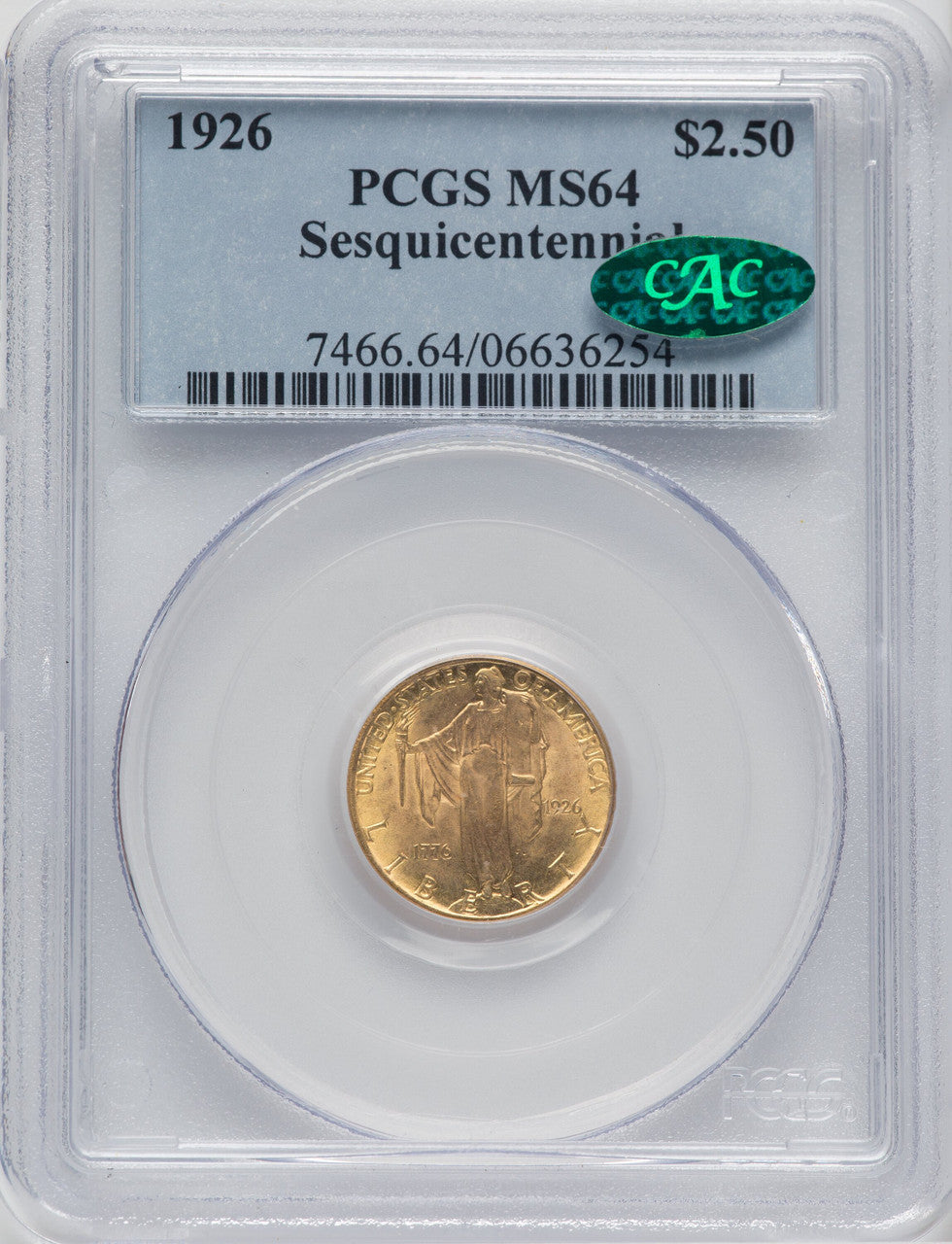 1926 $2.50 SESQUI CAC Commemorative Gold PCGS MS64