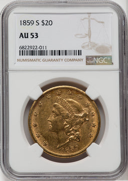 1859-S $20 Liberty Double Eagle NGC AU53
