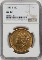 1859-S $20 Liberty Double Eagle NGC AU53