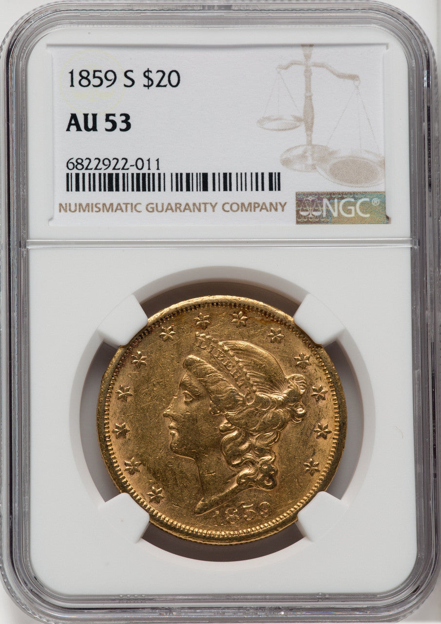 1859-S $20 Liberty Double Eagle NGC AU53