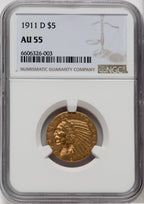 1911-D $5 Indian Half Eagle NGC AU55