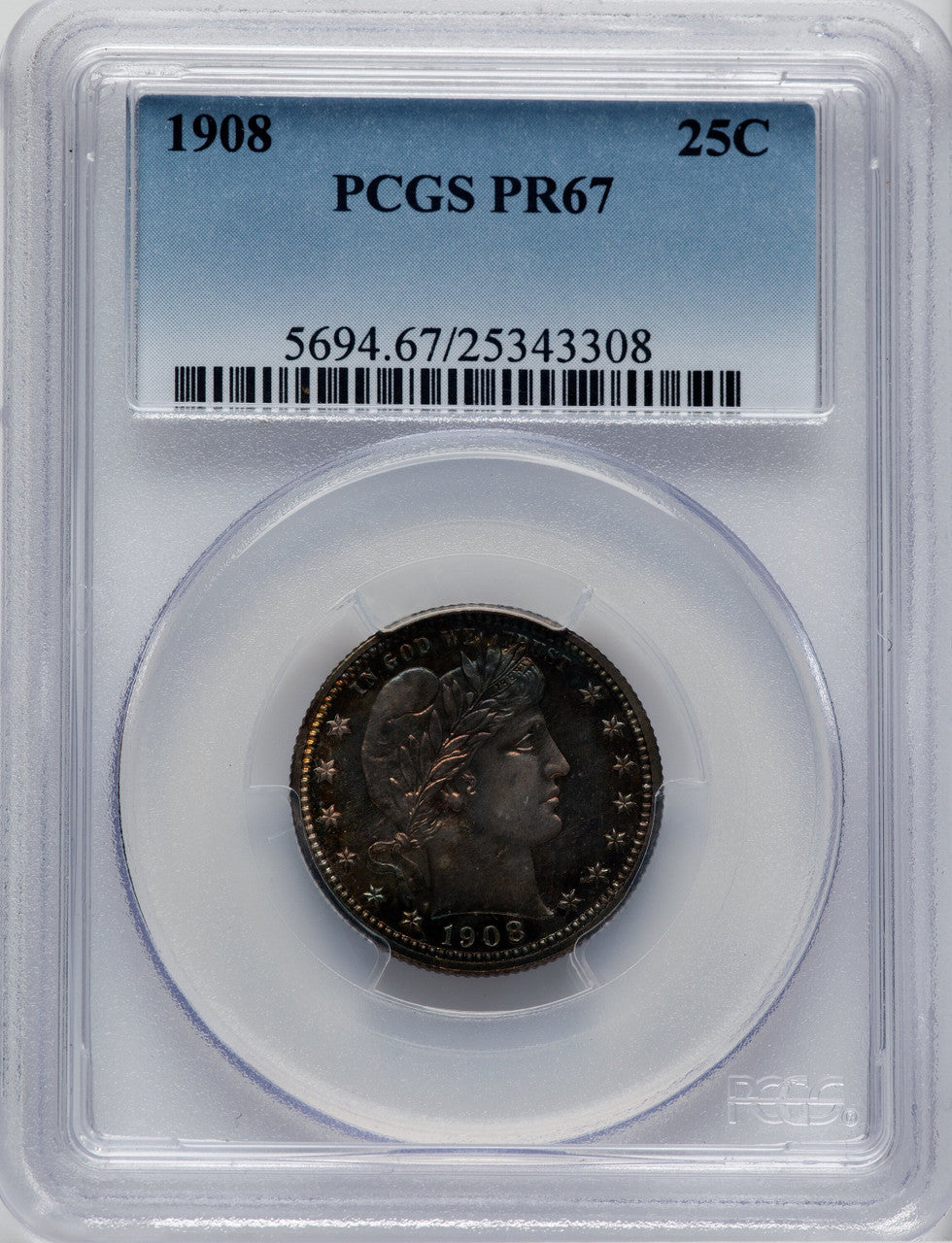 1908 25C Proof Barber Quarter PCGS PR67