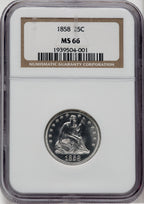 1858 25C Seated Quarter NGC MS66