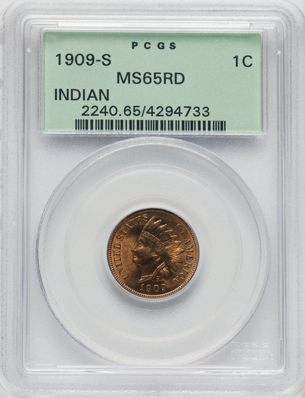1909-S 1C Indian RD Indian Cent PCGS MS65