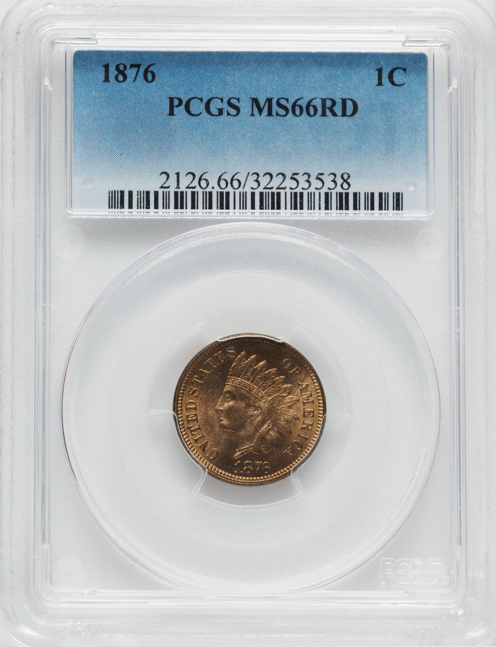 1876 1C RD Indian Cent PCGS MS66