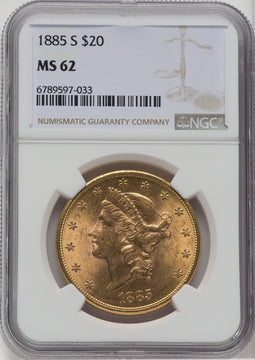 1885-S $20 Liberty Double Eagle NGC MS62
