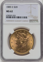 1885-S $20 Liberty Double Eagle NGC MS62