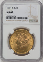 1891-S $20 Liberty Double Eagle NGC MS62