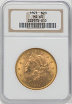 1893 $20 Liberty Double Eagle NGC MS63