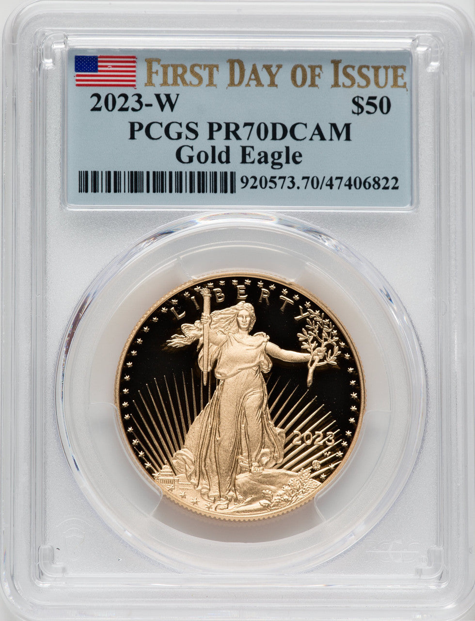 2023-W G$50 One Ounce Gold Eagle First Day of Issue FDI Flag PCGS PR70