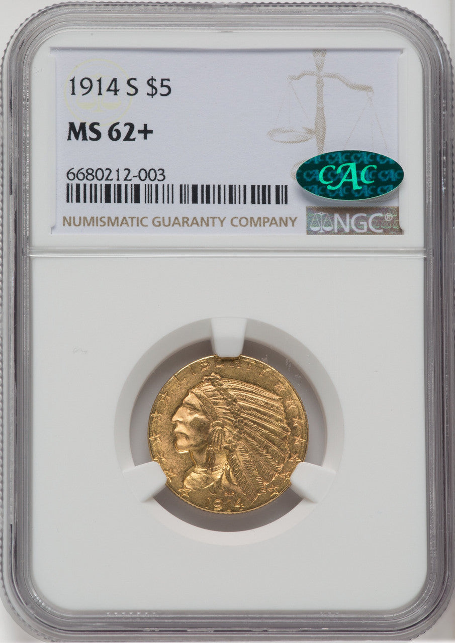 1914-S $5 CAC Indian Half Eagle NGC MS62+